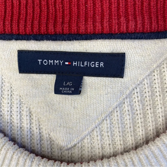 Tommy Hilfiger Sweater 100% Cotton White with Blue Stripes Men’s Size Large - Picture 4 of 12